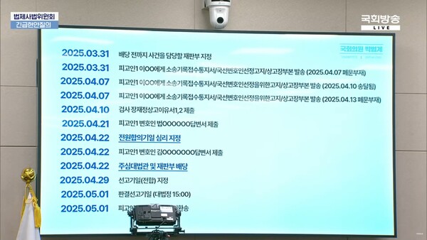 더불어민주당 박범계 의원이 2일 국회 법제사법위원회에서 공개한 이재명 후보의 공직선거법 사건 기록. 2025.5.3. 국회방송 갈무리