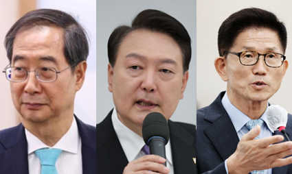 한덕수 전 권한대행, 윤석열 내란수괴, 김문수 전 노동부 장관.(왼쪽부터). 연합뉴스 사진 편집.