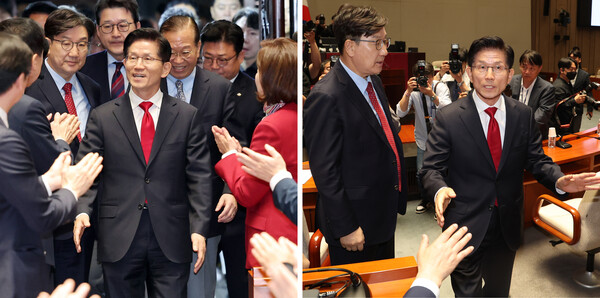 국민의힘 김문수 대선 후보가 9일 서울 여의도 국회에서 열린 의원총회에 기립박수를 받으며 참석하고 있다(왼쪽 사진). 이후 권영세 비상대책위원장과 '후보 단일화' 문제를 두고 충돌한 뒤 도중에 퇴장하고 있다(오른쪽 사진). 2025.5.9. 연합뉴스