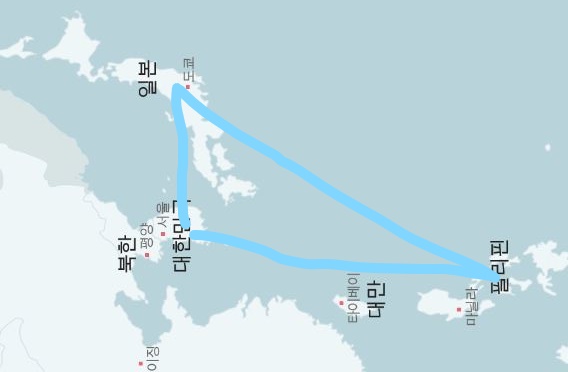 '브런슨의 지도.' 제이비어 브런슨 주한미군사령관이 지난 15일 연설에서 강조한 동북아 지도. 한국과 일본, 필리핀을 대만해협 위기나 분쟁에서 결코 자유롭지 못한 삼각형이라고 주장했다. 