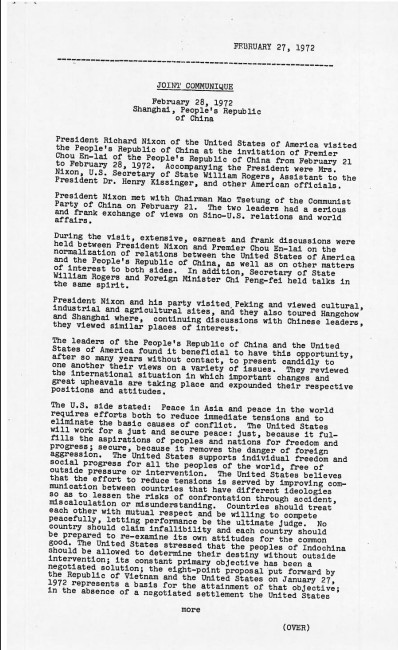 상하이 코뮈니케는 중국과 미국 두 나라가 공존 관계를 형성하기 위해 서로의 차이를 먼저 확인한 독특한 외교 문서이다. 데탕트는 다름을 인정하는 데서 시작됨을 일깨워준 상하이 코뮈니케의 첫 장. (Richard Nixon Foundation)