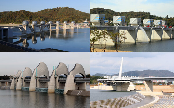 4대강 사업으로 건설된 한강 이포보(왼쪽 위부터 시계방향), 금강 공주보, 영산강 승촌보, 낙동강 강정고령보. 2013.7.10 연합뉴스