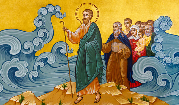 여호수아가 이스라엘 백성등을 이끌고 바다를 건너는 장면.