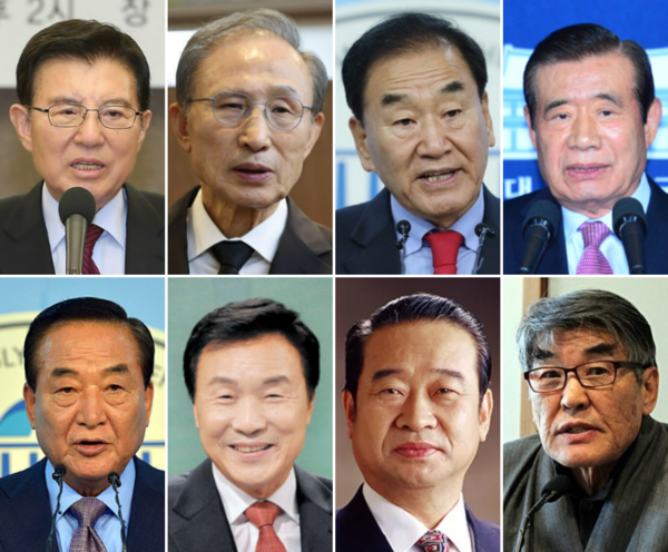 6·3 항쟁의 주역들. 윗줄 왼쪽부터 김덕룡, 이명박, 이재오, 한광옥. 아랫줄 왼쪽부터 서청원, 손학규, 현승일, 김지하.