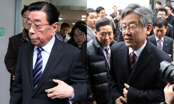 2010년 12월 2일 오후 관급공사와 인사청탁 등으로 수 억원을 받은 혐의로 사전영장이 청구된 이대엽(왼쪽) 전 성남시장이 영장 심사를 위해 성남지원으로 향하고 있다. 오른쪽은 선거법 위반 혐의로 기소된 이재명 현 성남시장이 선고 공판을 위해 같은 날 이 전 시장과 30분의 시차를 두고 성남지원으로 향하는 모습. 2010.12.2. 연합뉴스 자료사진