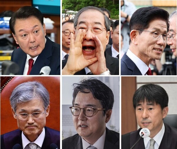 왼쪽 위로부터 시계방향으로 윤석열, 한덕수, 김문수, 지귀연, 심우정, 조희대.