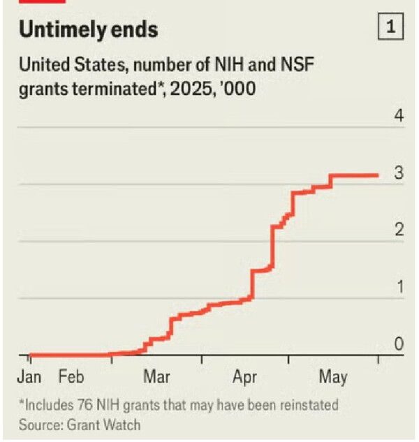 연방 연구지원기관인 국립보건원(NIH)와 국립과학재단(NSF)의 연구비 지원 취소 건수가 2025년에 크게 늘면서 3천 건에 달했다.  단위 1000건.  NIH 연구비 지원 76건 등이 부활할 수도 있다.  그랜트 워치  이코노미스트 5월 21일