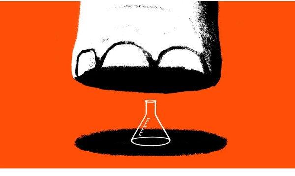 코끼리(미국 공화당)의 거대한 발에 짓밟힐 위기에 놓인 플라스크(연구비) 이미지. 트럼프 정권의 하버드대 등 명문대들에 대한 지원 중단과 통제 강화로 인한 미국 대학의 자유롭고 안정적인 학문연구체제 붕괴 위기를 상징하는 그림.     이코노미스트 5월 21일  