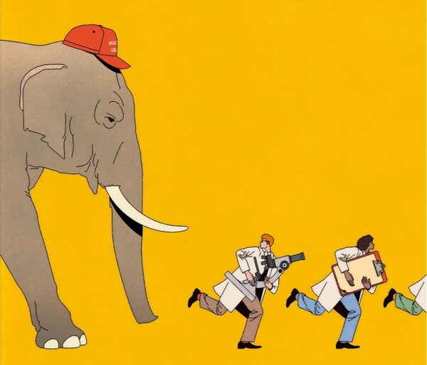 MAGA 모자를 쓴 코끼리(공화당 트럼프 정권)에 짓밟힐까 도망치는 연구자들의 모습.   이코노미스트 5월 24일