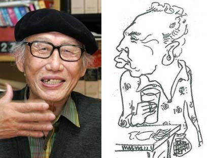 생전의 김기율 화백과 본인이 그린 자신의 캐리커쳐. 김성수 시민기자 제공