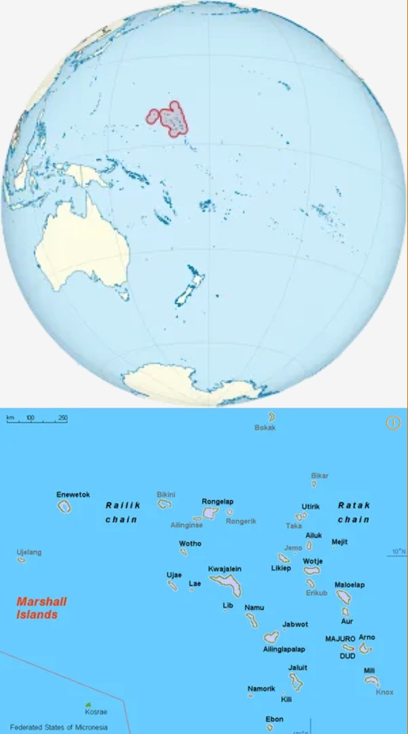 붉은 선 안이 마셜제도(위). 왼쪽에 인도네시아와 호주, 위쪽에 한반도와 일본열도가 보인다. 많은 섬들로 이뤄진 마셜(아래)