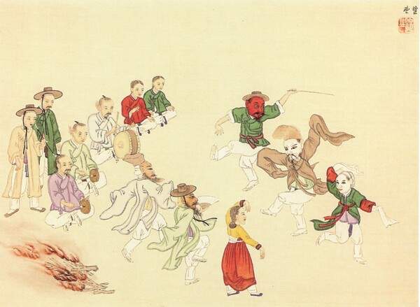 그림1) 기산 김준근의 이다. ‘탈’에 리을이 춤춘다. 리을(ㄹ)은 우리말 가운데 가장 오래되었다. 그럼에도 가장 싱싱하게 살아있는 말의 신화다.