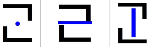 그림4) 왼쪽부터 가온찍기, 가온맞섯, 가온고디. 하늘에서 온 얼(기윽), 땅이 받드는 하늘(니은) 그 사이에 ⋅ ㅡ ㅣ(天地人) 홀소리가 있다. 파란색 홀소리가 천지인이다.