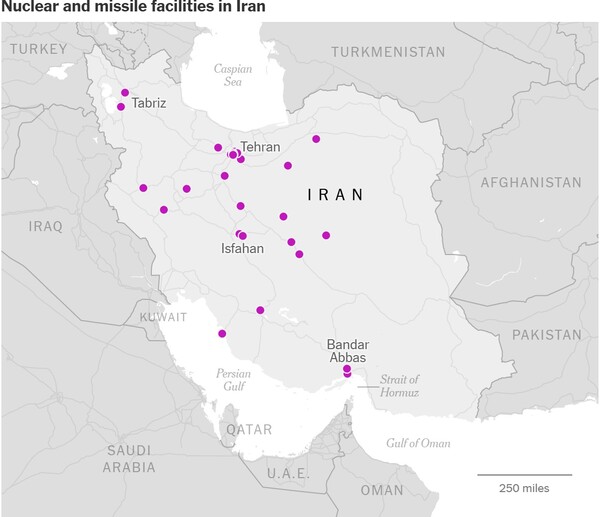이란의 핵개발 및 미사일 기지들.