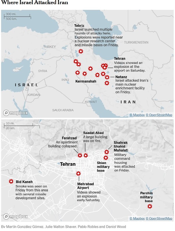 이스라엘군이 공격한 이란의 타브리즈, 테헤란, 나탄즈, 케르만샤 등의 도시들(위)과 수도 테헤란과 그 인근 지역들. 뉴욕타임스 6월 14일