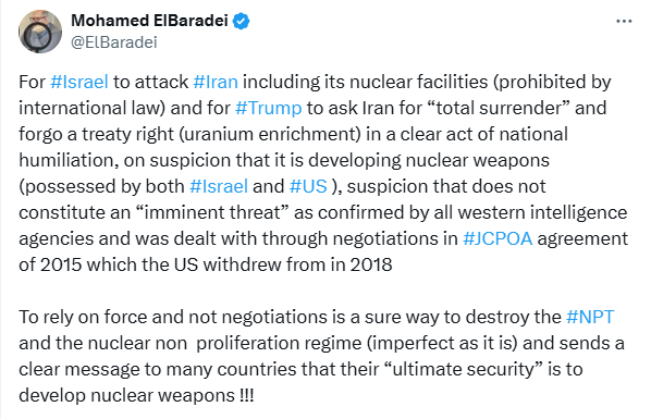 모하메드 엘바라데이 전 국제원자력기구(IAEA) 사무총장이 이란 핵 시설 등에 대한 이스라엘의 선제공격과 미국의 지원을 비판하면서 17일 자신의 X에 올린 글이다. 2025. 06. 17 시민언론 민들레