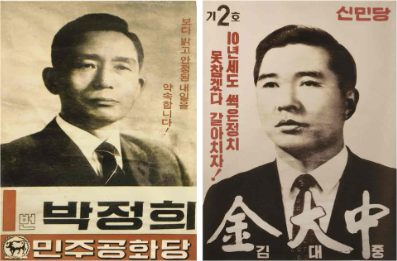 1971년 제7대 대통령 선거에서 격돌한 기호 1번 민주공화당 박정희 후보와 기호 2번 신민당 김대중 후보의 벽보.