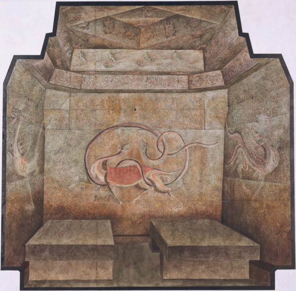 그림1) 6세기 말에서 7세기 무렵으로 보이는 강서대묘(江西大墓)는 고구려 고분 벽화로 가장 잘 알려졌다. 이 그림은 강서대묘의 널방 투시도이다. 옛 사람들의 세계관을 살펴 볼 수 있다. 천장은 널방 네 모퉁이에 세모 모양의 굄돌을 걸치는 식으로 반복해 모를 줄여가며 올리는 ‘모줄임천장’ 구조이다. 이 구조는 「삼일신고(三一神誥)」의 ‘천훈도’(天訓圖)와 아주 비슷하다. 출처: 한성백제박물관