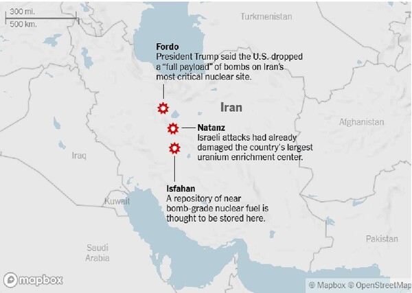 21일 밤(이란 현지시각 22일 새벽) 미군이 공습한 이란 핵농충 시설이 있는 세 도시. 위에서부터 포르도, 나탄즈, 이스파한.     뉴욕타임스  6월 21일 