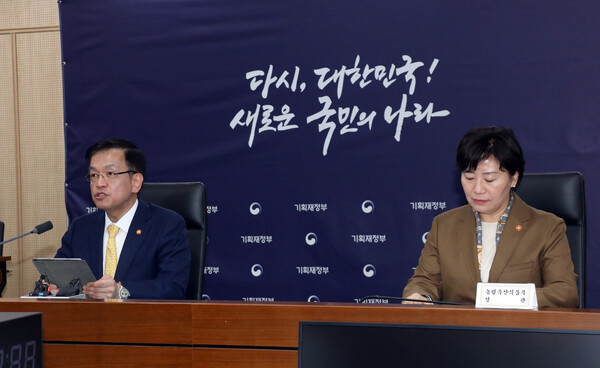 최상목 부총리 겸 기획재정부 장관이 2일 오전 정부세종청사 중앙동 대회의실에서 열린 물가관계장관회의를 주재하고 있다. 오른쪽은 송미령 농림축산식품부 장관. 2024.4.2. 연합뉴스