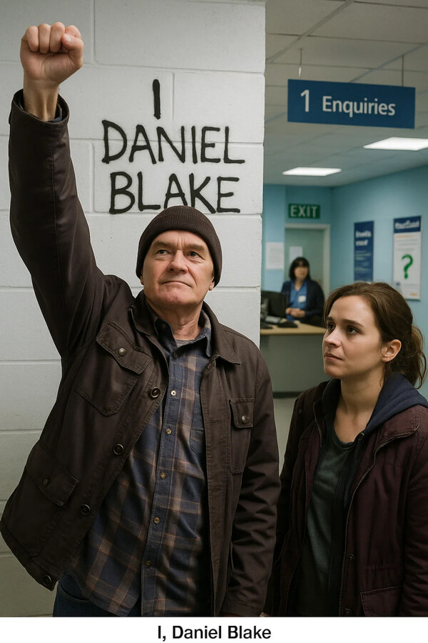 '나, 다니엘 블레이크'(2016)는 복지정책이 운영자 위주의 시스템으로 전락한 영국의 현실를 다룬 영화로 주인공 다니엘이 질병수당 대상자에서 탈락한 뒤 관공서의 외벽에 '나는 다니엘 블레이크다'로 시작하는 메시지를 작성하는 장면.