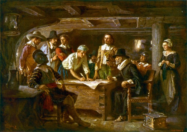장 레옹 제롬(Jean Leon Gerome)의 1899년 작품 '메이플라워 합의 서명(Signing the Mayflower Compact) 1620'. (Public Domain)