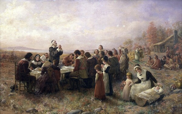 제니 브라운스콤(Jennie A. Brownscombe의 1914년 작품  '플리머스의 첫 추수감사절(The First Thanksgiving at Plymouth)'. (Public Domain))