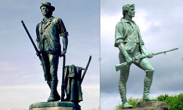 콩코드 의병대(Concord Minuteman,왼쪽)과 렉싱턴 의병대(Lexington Minuteman) 동상. (Public Domain)