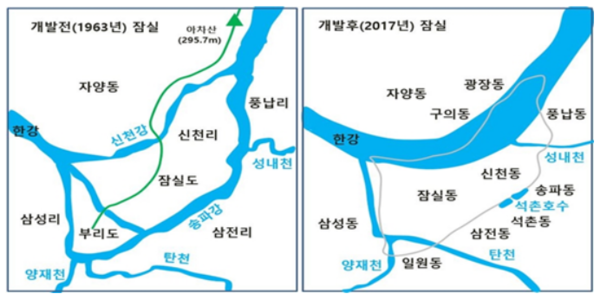 1963년과 2017년 잠실 주변의 개념도.