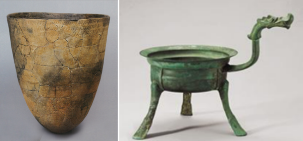 암사동 선사유적지에서 출토된 신석기시대 빗살무늬토기와 풍납토성 터에서 발견된 백제시대 청동자루솥.(국립중앙박물관)