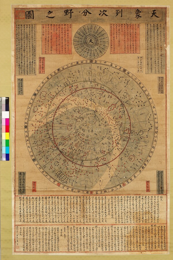 그림3) 1571년에 새긴 목판본 천상열차분야지도(天象列次分野之圖)이다. 1395년에 처음 돌에 새겼고(태조본), 숙종 연간(17세기)에 태조본을 바탕으로 다시 새겼다. 이 지도는 ‘하늘땅이 다를 바 없다. 하늘의 섭리가 땅에 통하고, 땅의 원리가 하늘에 닿는다’는 이른바 천인감응(天人感應)의 철학이 담겨있다. 세로 140.2cm, 가로 88.8cm, 조선, 국립중앙박물관 소장