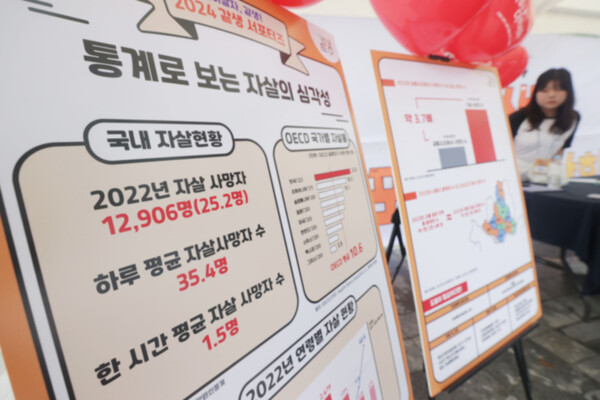 12일 오전 서울 청계광장에서 열린 '같이 살자, 같생 서포터즈 박람회'에서 서포터즈가 전시를 소개하고 있다. 행사는 자살예방상담전화(109)와 자살예방상담 사회관계망서비스(SNS) '마들랜' 등 자살예방 정책을 소개한다. 2024.9.12 연합뉴스