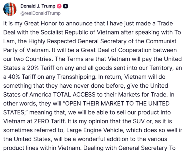 도널드 트럼프 미국 대통령이 2일 트루스 소셜에 베트남과의 관세협상을 타결했다고 발표했다. 2025. 07. 02. [출처. 트럼프 트루스 소셜 계정]