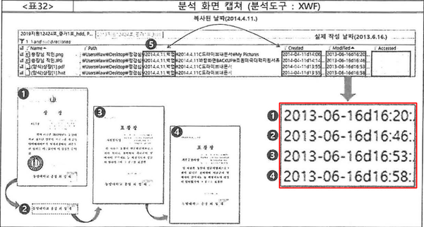 대검 포렌식 분석보고서 ‘2019지원12467호’에서 이승무가 확인한 표창장 관련 파일들의 날짜가 모두 2013년 6월 16일이었다.
