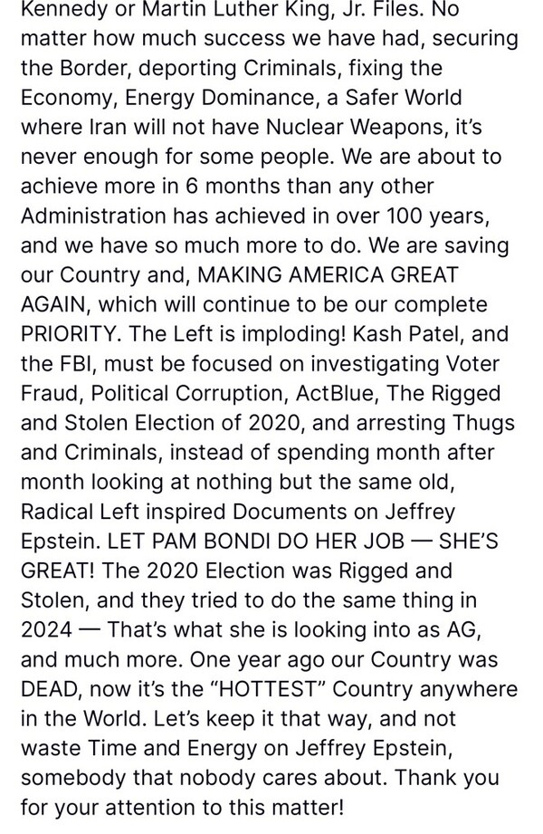 도널드 트럼프 미국 대통령이 13일 자신의 트루스 소셜을 통해 민주당의 조 바이든 후보가 대통령에 당선된 2020년 대선을 "조작되고 도둑맞았다"면서 법무부와 FBI(연방수사국)에 수사를 지시했다. 2025. 07. 13 [트럼프 트루스 소셜 캡처]