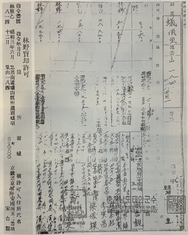 송태관이 불하받은 만리포 인근 임야대장. 