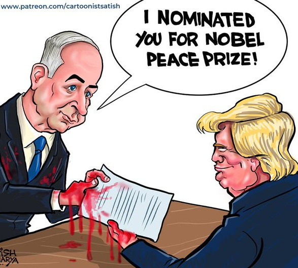 트럼프에게 노벨평화상을 추천한 네타냐후 풍자 만평 - 출처: X 