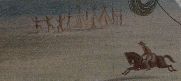 폭력적이고 욕심 많은 백인 정착민이 몰려오는 상황에 대해 속수무책인 원주민들이 춤을 추며 제사를 드리는 모습이 'American Progress'에 묘사되어 있다. 이들의 삶을 원시적으로 표현했다. American Progress