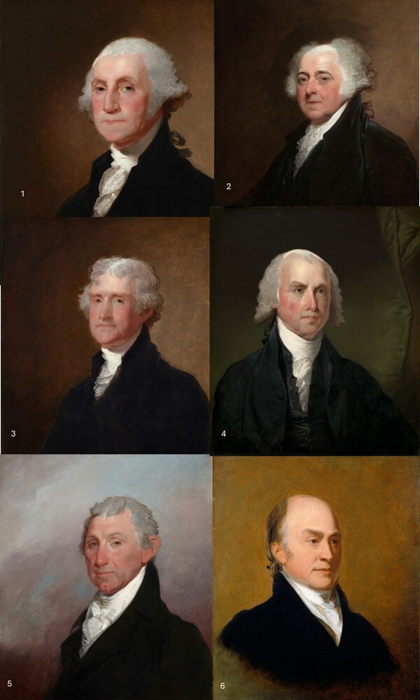 초대에서 제 6대 까지 미국의 대통령들. 1. 조지 워싱턴(George Washington) 2. 존 애덤스(John Adams) 3. 토머스 제퍼슨(Thomas Jefferson) 4. 제임스 매디슨(James Madison) 5. 제임스 먼론(James Monroe) 6. 존 퀸시 애담스(John Quincy Adams) (National Gallery of Art, Washington D.C.)