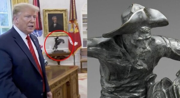 도널드 트럼프 1기 백악관 대통령 집무실의 앤드루 잭슨 초상과 프레더릭 레밍턴의 청동 조각 작품 The Bronco Buster. 농담같지만, 트럼프는 tlftnfh 이 조각상을 제 26대 시어도어 루스벨트라고 소개하기도 했다. (PALEOFUTURE).