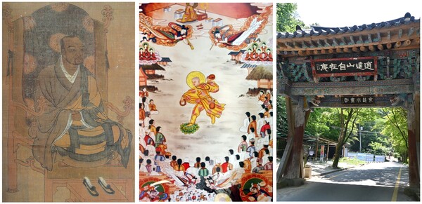 그림3) 왼쪽은 일본 교토 고산사에 있는 원효(元曉, 617~686)의 진영이다. 그의 어머니 조씨는 꿈에 유성(流星)이 품속으로 드는 것을 보고 수태(受胎)하였다. 가운데는 경북 경산시 삼성현역사문화관에 있는 그림이다. 그이는 무애(無碍) 박을 쥐고 무애 노래를 부르며 무애 춤을 추었다. 두루두루 돌아다니며 춤추고 노래했다. 오른쪽은 경기도 동두천시 소요산의 자재암(自在庵)이다. ‘스스로 있는 집’이다.