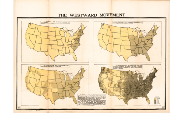 미국의 팽창을 보여주는 지도. 윗줄 왼쪽이 독립한 신생국 미국의 인구분포. 아랫줄 오른쪽 지도가 보여주듯 19세기에 미국은 대서양에서 태평양까지의 대륙 팽창을 완성했다. 이 과정에서 미국은 소위 보호구역(reservations)으로 밀려난 원주민 사회의 도태를 생산성 없는 공동체의 자연스러운 형상으로 보았다. (Library of Congress)