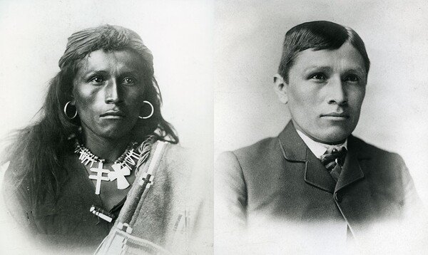 카라일 학교는 왼쪽의 원주민 전사를 오른쪽의 신사로 바꾸어 놓았다. Public Domain