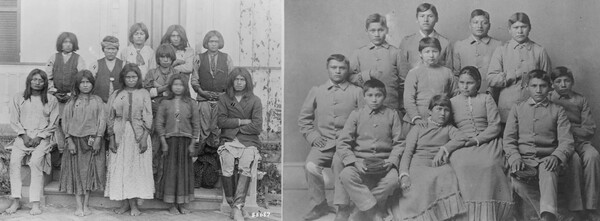 백인들이 세우고 운영한 카라일 학교의 첫 교육 과정은 머리를 단정히 하고 유니폼을 입는 습관을 배우는 것이었다. 백인의 관점에서 문명화가 된 것이다. Public Domain