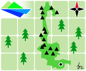 태백산국립공원 개념도. 거꾸로 선 해마 모양이다. 남쪽부터 봉화군 백천계곡, 태백시 태백산, 함백산, 대덕산이 북쪽으로 뻗어 있다..