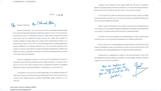 에마뉘엘 마크롱 프랑스 대통령이 24일 마무드 아바스 팔레스타인 자치정부(PA) 수반에게 보냈다는 서한. 팔레스타인 국가 승인 의사를 밝히고 있다. 2025. 07. 24 [출처. 마크롱 X 계정] 시민언론 민들레