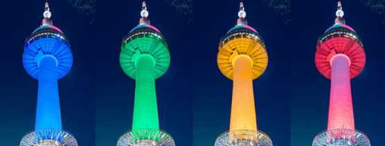 미세먼지 농도에 따른 서울타워의 조명 빛깔. 왼쪽부터 좋음(파랑), 보통(초록), 나쁨(노랑), 매우 나쁨(빨강) 4단계로 구분했다. (서울타워)