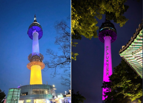 2022년 2월 러시아가 우크라이나를 침공하자 우크라이나 국기 색깔인 파랑과 노랑 조명으로 장식한 모습(왼쪽). 지난 7월 16일 블랙핑크 월드투어 개막을 홍보하기 위해 핑크빛 조명에 블랙핑크 글씨를 새겼다(오른쪽).