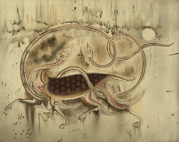그림4) 조선총독부(朝鮮總督府)가 펴낸 『조선고적도보(朝鮮古蹟圖譜) 2卷』(1915) 119쪽에 실려 있는 현무(玄武)다. 강서대묘(江西大墓) 사신도(四神圖) 가운데 하나다. 북한의 국보 제28호. 남포시 강서구역 삼묘리에 있는 고구려의 굴식 돌방무덤. 무덤의 축조 시기는 6세기 후반에서 7세기로 본다. 강서대묘는 고구려 후기의 왕릉이다. 현무(玄武)는 북쪽과 겨울, 오행 중 수(水)를 관장하는 사신(四神)이다. 현무의 현(玄)은 새끼줄을 꼬아놓은 모습에서 유래된 상형 문자인데 뱀이 서로 몸을 뒤트는 형상에서 붙였다는 학설이 있다. 도교에서는 그 의미를 오묘함, 심오함, 깊고 고요함으로 해석하여 다른 색보다는 훨씬 높은 가치를 부여한다(풀이는 위키백과와 나무위키를 참조하였음). 학산이 “수(水)에 해당한다. 사시(四時)로는 겨울이요, 방위(方位)로는 북(北)이며, 오성(五聲)으로 우조(羽調)”라고 역학적 의의를 밝힌 것과 같다.