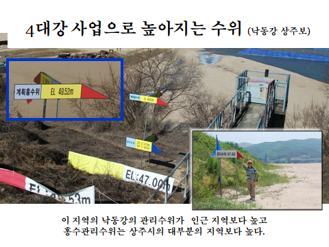 상주보 인근은 예전에는 낙동강을 볼 수 있었으나 지금은 높아진 둑으로 강을 볼 수가 없다. 4대강 사업으로 강의 수위를 얼마나 높였는지를 보여준다. 평상시 강의 수위(관리수위)가 강변 인근지역보다도 높아지도록 만들어 홍수위험을 크게 증가시켰다. 사진 제공 최병성